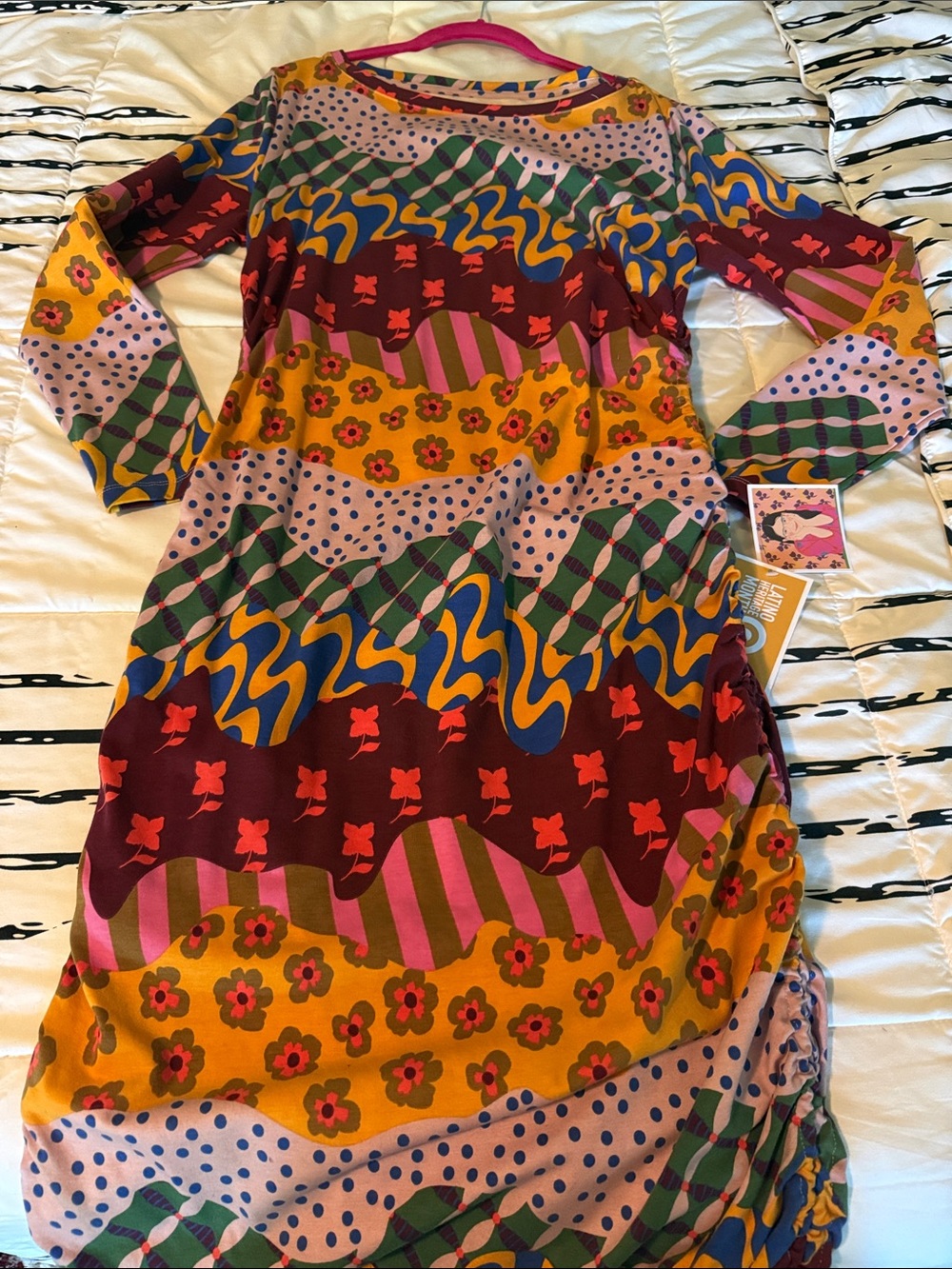 Latino Heritage Month Colorful Wave-Print Long Sleeve Drawstring Dress